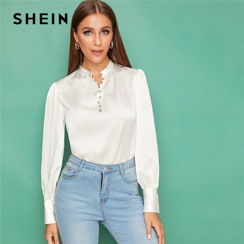 SHEIN белый пуговицы спереди Фонари рукав Атласный топ монотонная блузка Для женщин сезон осень, со стоячим воротником женские офисные элегантная абайя блузки