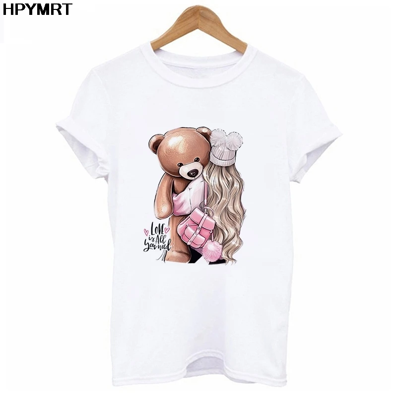 Women Lady Tshirt Beautiful woman hugging teddy bear Print Ladies Tee Tshirt Womens Clothes Female Top Harajuku Graphic T-shirt