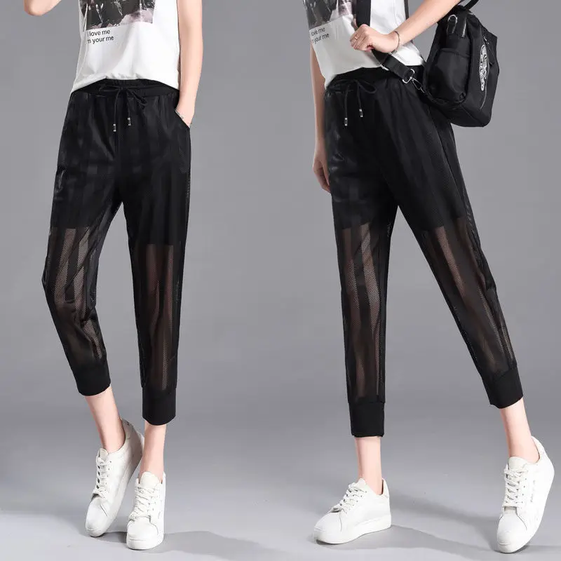 

Женские летние брюки, укороченные брюки с высокой талией, дышащие крутые брюки для взрослых, женские брюки с завязкой на щиколотке