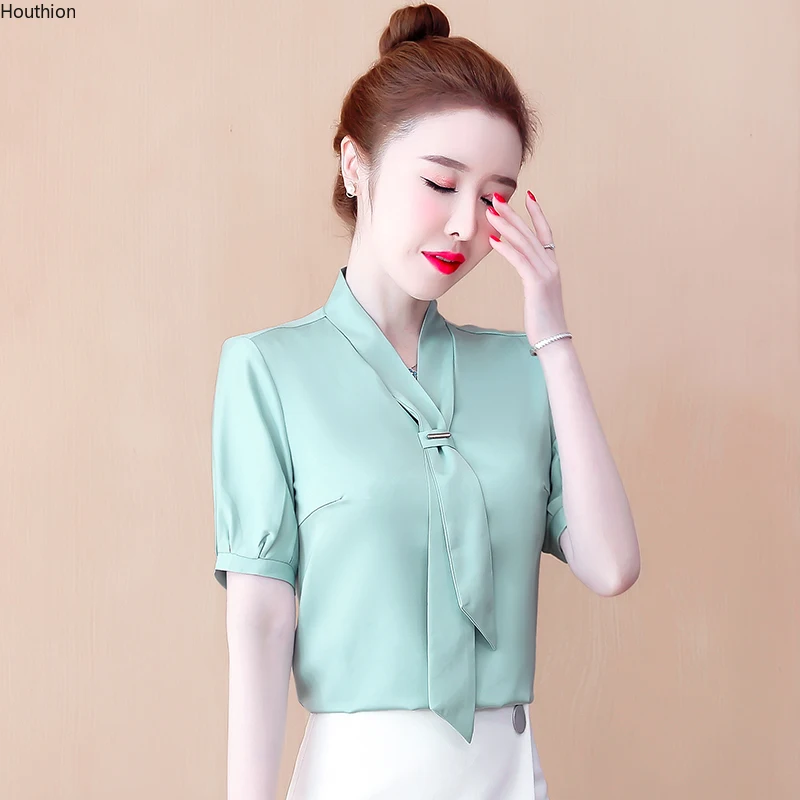 

Рубашка женская с V-образным вырезом, атласная блузка с коротким рукавом, модная повседневная Свободная рубашка с принтом и бантом, 10068