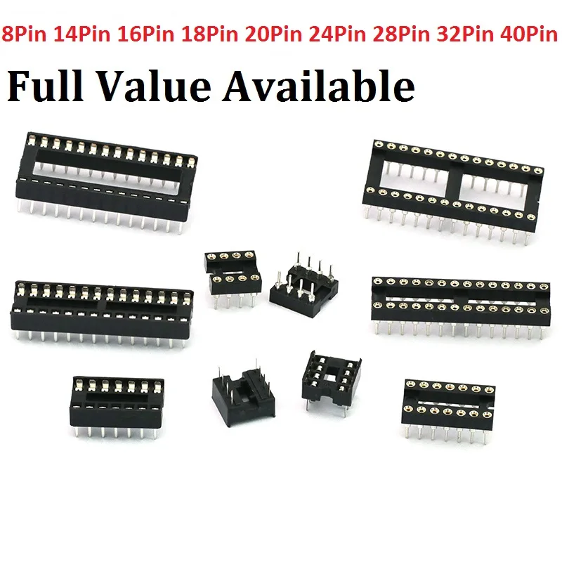 10PCS 8pin/14Pin/16pin/18pin/20pin/24pin/28pin/32pin/40pin ic socket 8 PIN dip adaptor solder type/round 8/14P 2.54mm ic sockets