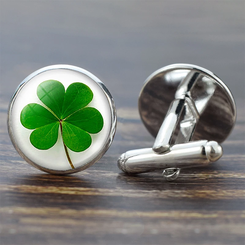 Запонки с четырехлистным клевером зеленые стеклянные запонки в Ирландском стиле