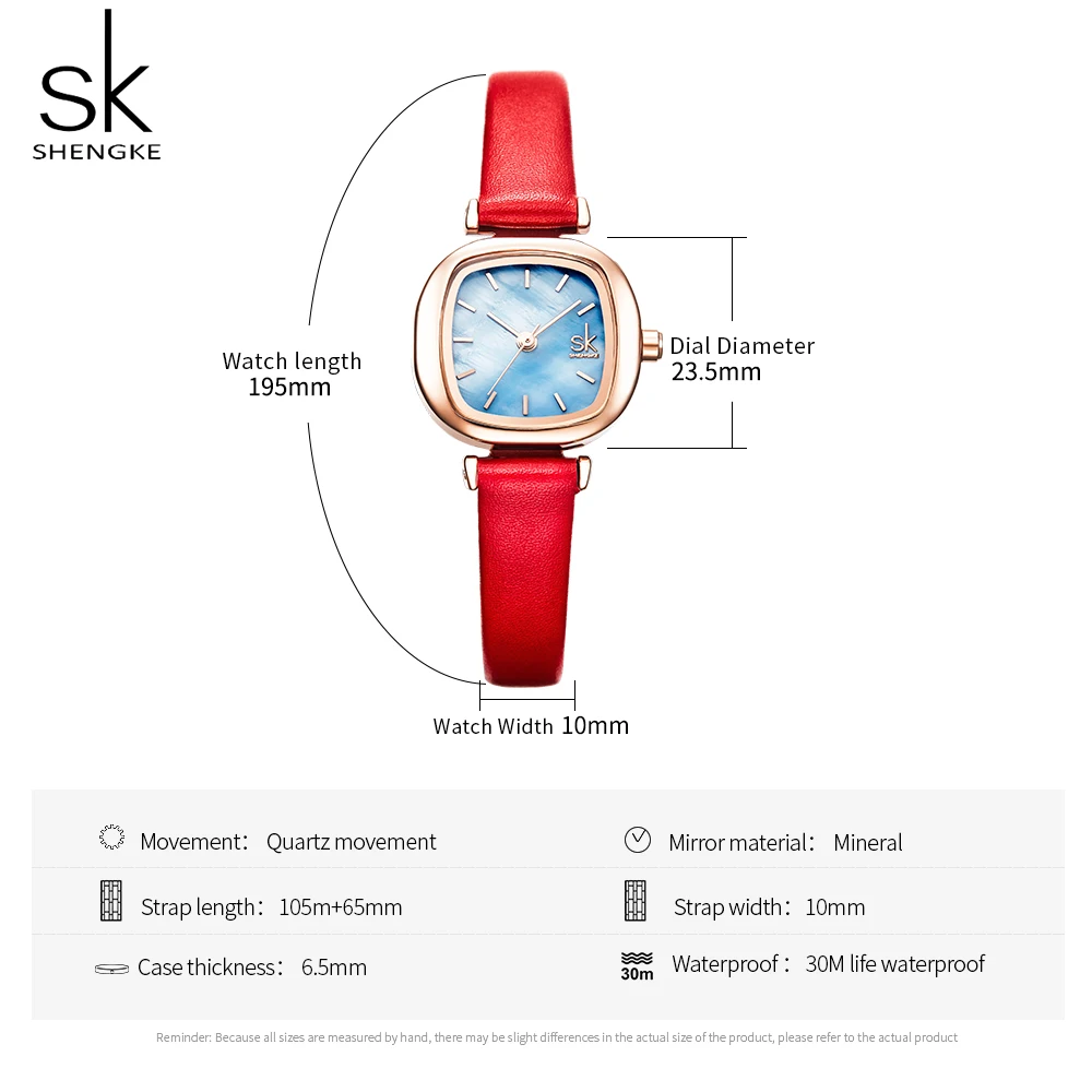 Часы Shengke женские кварцевые с красным кожаным корпусом повседневные наручные