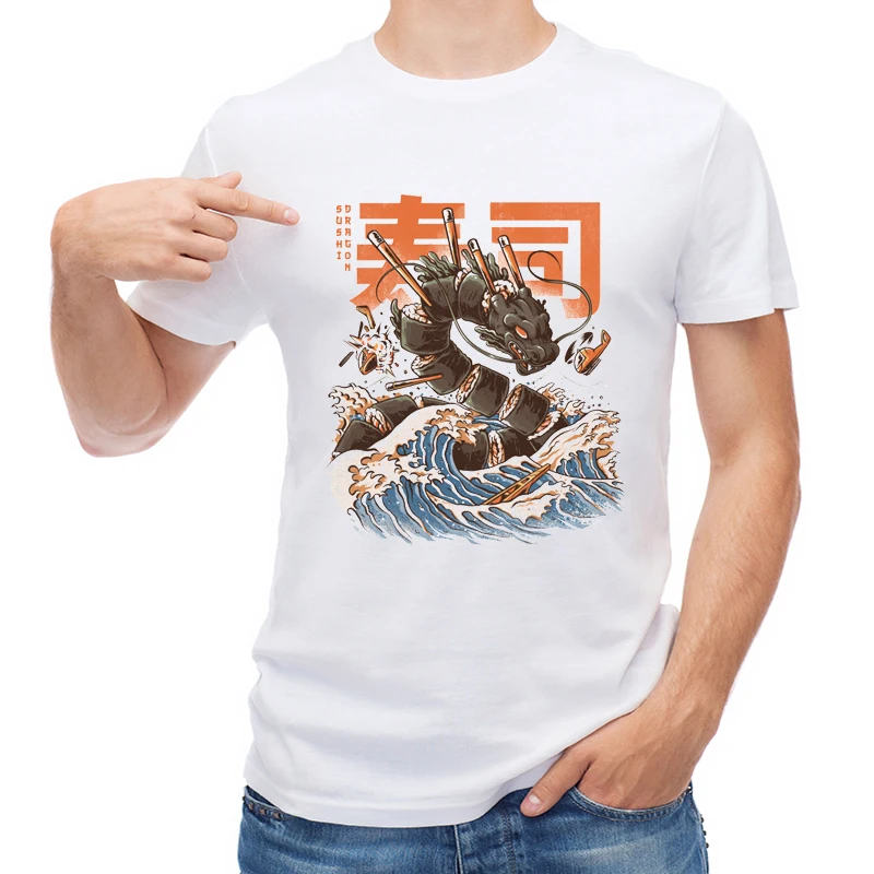 

TEEHUB Short Sleeve Summer Great Ramen of Kanagawa Men T-shirt Fashion Great Sushi Dragon Printed T Shirt O-Neck Tops Cool Tees