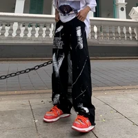 qweek gothic punk black wide leg pants women hippie streetwear anime print oversize trousers for female korean fashion graffiti