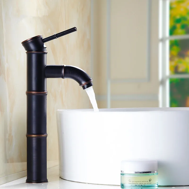 

Basin Faucets Black Brass Bamboo High Arch Bathroom Sink Waterfall Faucet 1 Lever Oil Rubbed Bronze Hot Cold Mixer Taps
