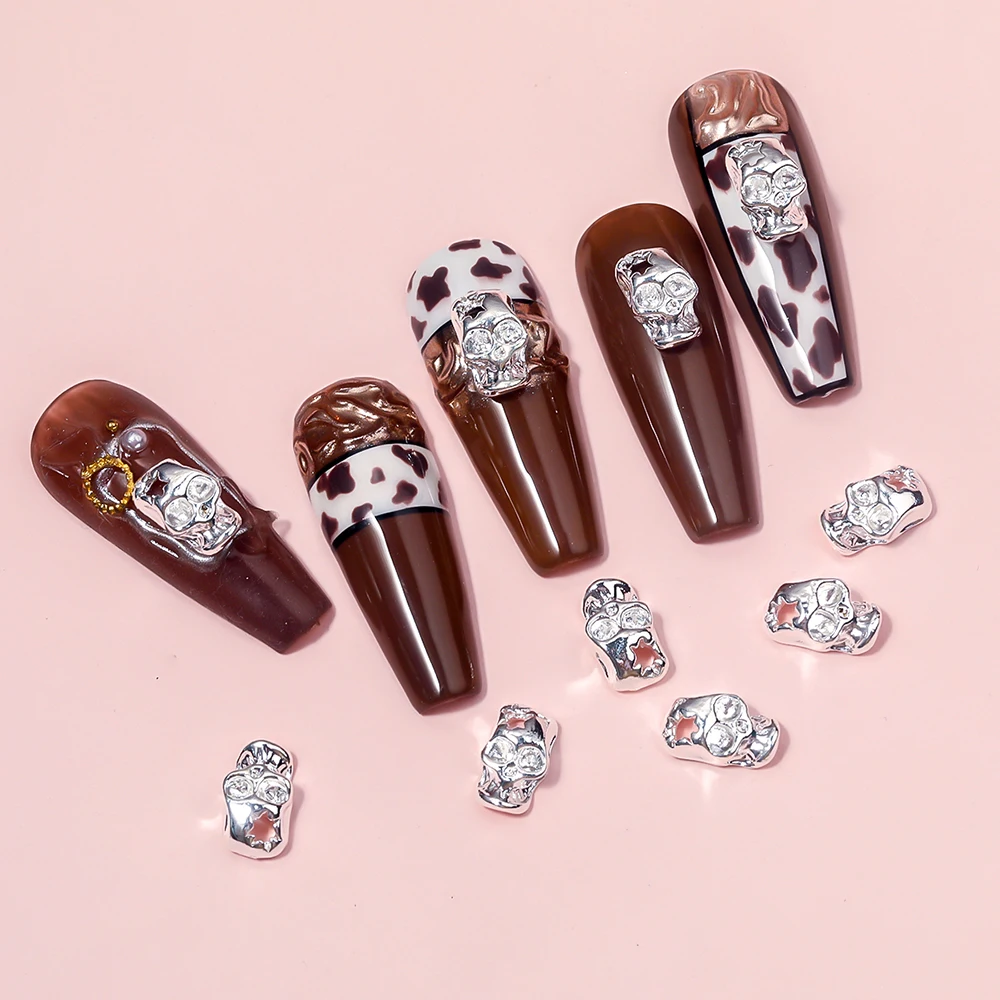 10 шт., металлические детали для ногтей в виде серебряного черепа