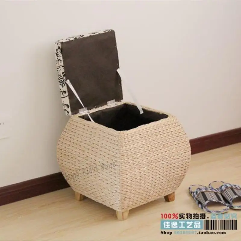 Solid Wood Straw Woven Storage Stool Rattan Shoe Bench Can Sit Adult Box Multifunctional Sofa |