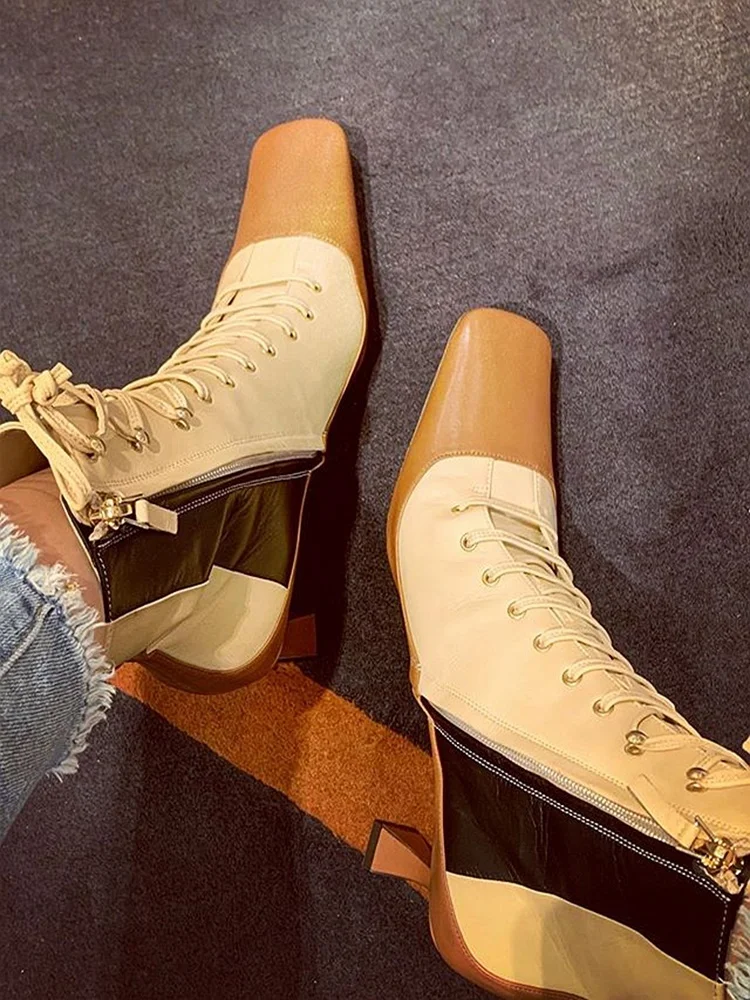 Модные женские ботинки с квадратным носком лоскутные ботильоны на шнуровке и