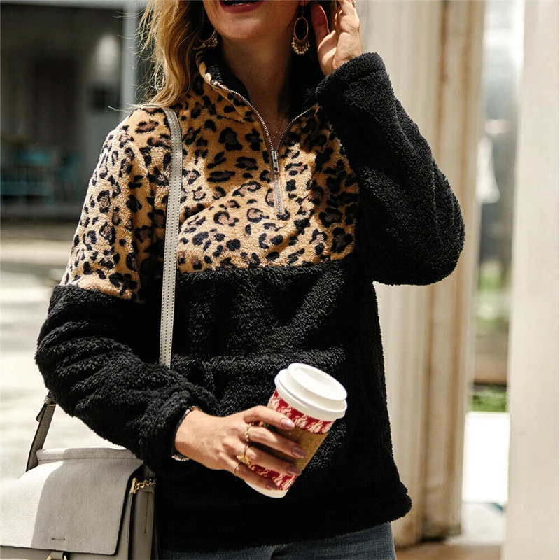 

Zipper High Neck Feamle Chic Hoodies Long Sleeve Patchwork Autumn Winter Fleece Loose Warm Sweater Casual Jumper Pullover Tops
