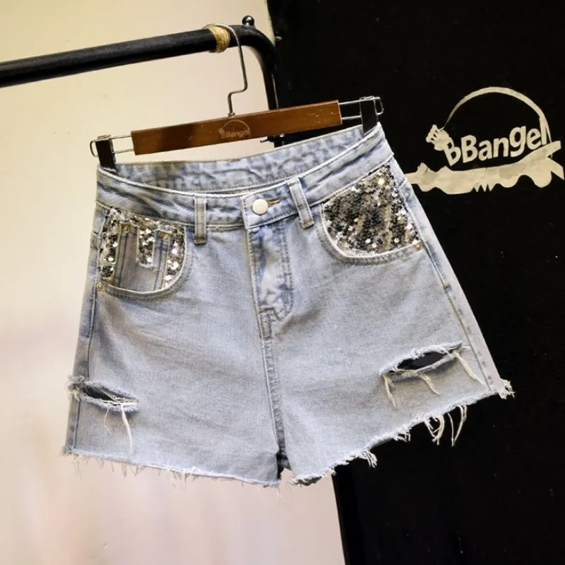 Сексуальные женские рваные джинсовые шорты с высокой талией расшитые блестками