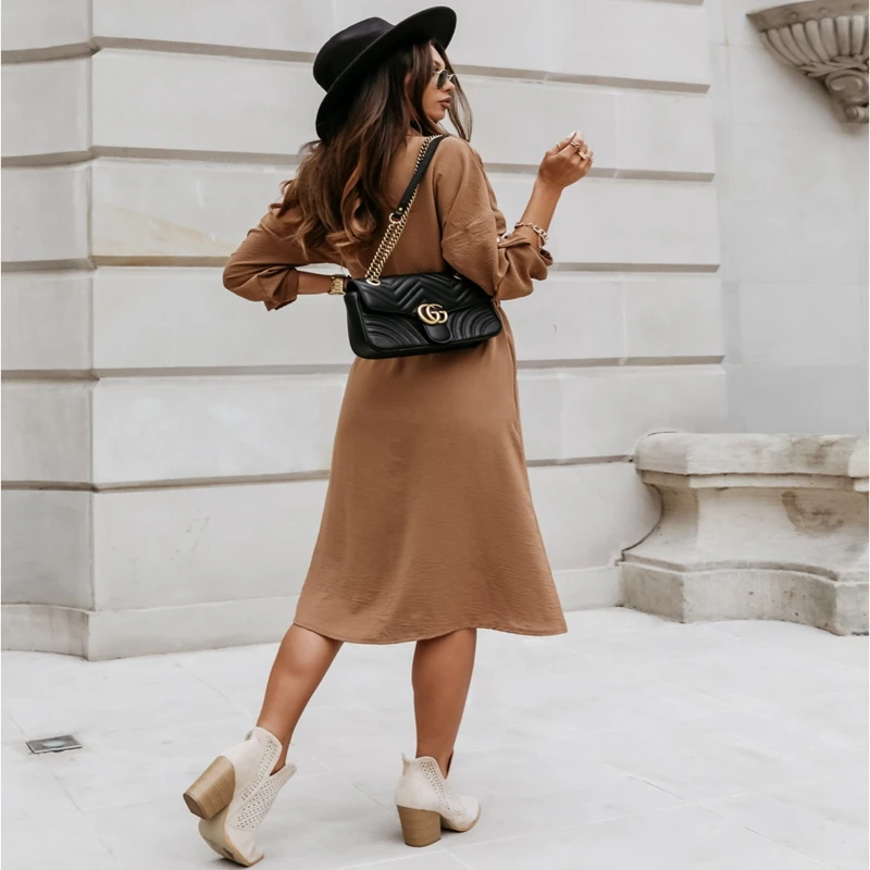 

Solid High Waist A-Line Dress For Women Lapel Roll Sleeve Single-Breasted Long Dress Women Casual 2021 Autumn Winter Vestido