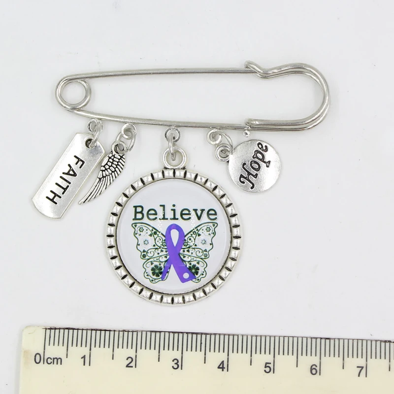 

10PCS Wholesale Hope Believe Faith Cancer Brooch Pin Purple Ribbon Awareness Pin Brooch Safety Pins for Women Men Jewelry