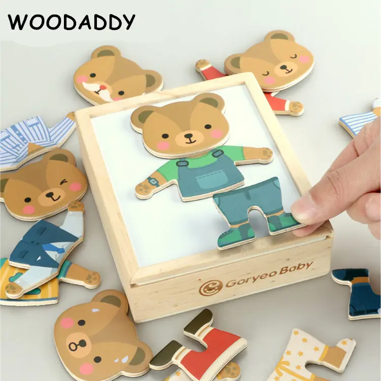 Dropshipping Magnetic Puzzles Bear Dress Changing  6 Suits Wooden Toys For Kids Goryeobaby Professional Dressing Box Educational