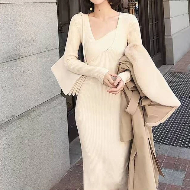 

French first love dress women's dress in early spring 2021 new trendy slim waist slimming knitted dress sexy dress women