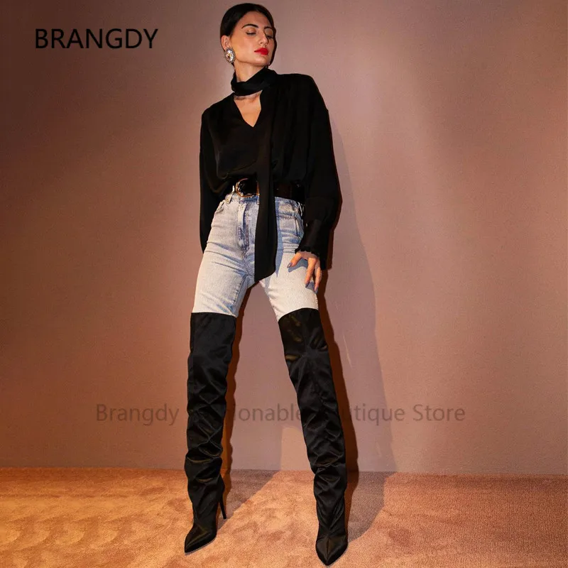 

2021 Thunder Black High-Shine Thigh High Stiletto Heel Boot Pointy Toe Pull On Satin Over Knee Boots Women Banquet Botas Mujer