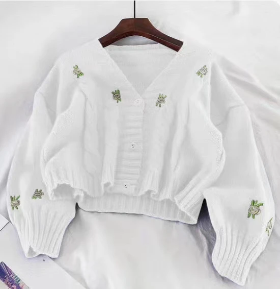 Корейский вязаный кардиган с v образным вырезом и длинными рукавами фонариками