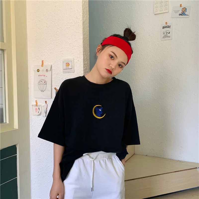 Летние футболки с мультяшным принтом рубашки вышивкой Сейлор Мун коты свободная