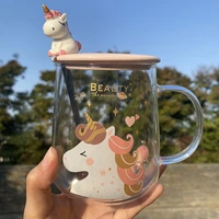rainbow flower unicorn cute mug with lid spoon handle transparent heat resistant glass child girl birthday holiday gift