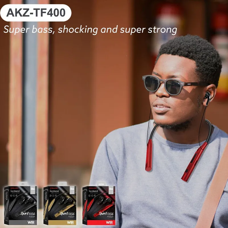 

TF-400 Waterproof Earphone Bluetooth 5.0 Neckband Wireless Headphones Dual Stereo Music with Mic Support TF Card Sports Headset