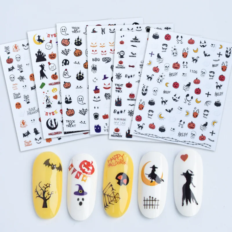 

5PCS Halloween Nail Art Sticker Ghost Spiders Bats Pumpkin Christmas Stockings Santa Claus 3D Manicure Decoration Nail Decals