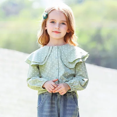 

Girls Korean Long-sleeved Shirt 2020 Spring New Baby Girl Lovely Dot Polka Shirt Casual Top Tees Toddler Turn Down Collar Blouse