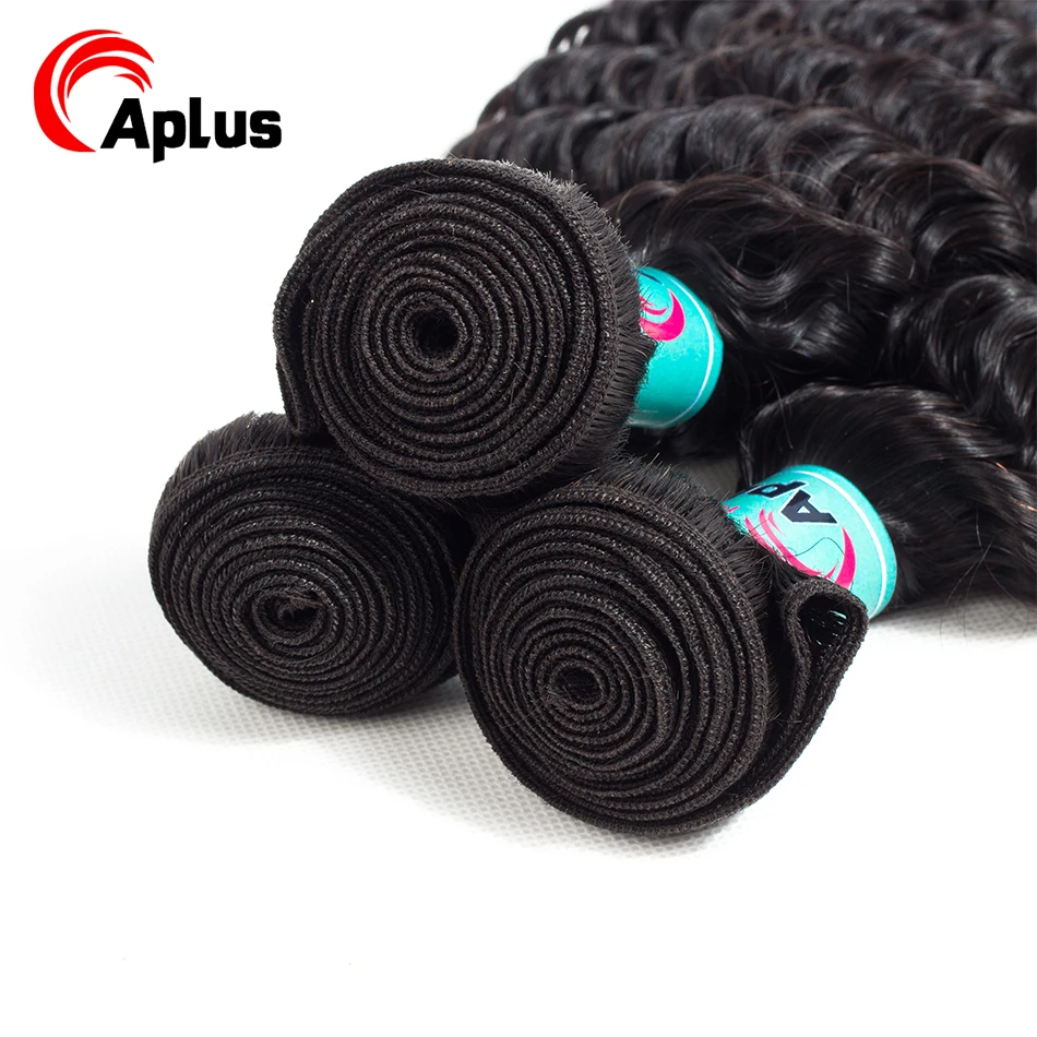 Peruvian Deep Wave Hair Bundles with Closure 100% Human Weave 3 4*4 Swiss Lace Remy Natural Color | Шиньоны и парики