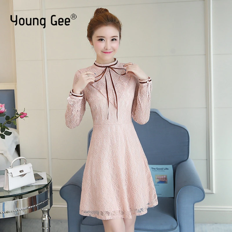 

Young Gee/стильная Кружевная туника с длинными рукавами, платье с бантом, женский элегантный осенне-весенний офисный стиль, женские платья трап...