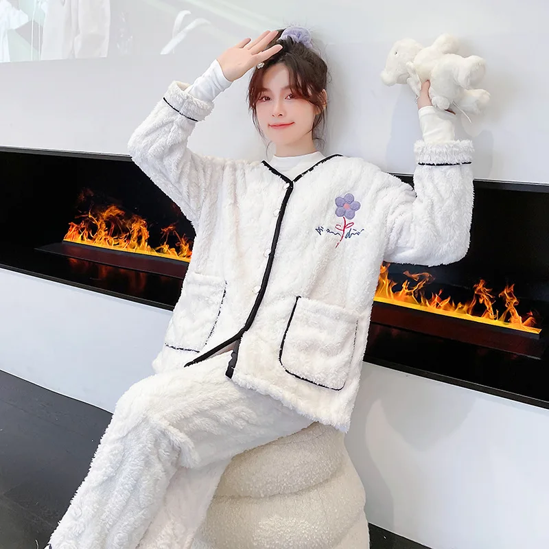 

Women 2PCS Flannel Pajamas Sets Sexy V-Neck Pyjamas Suit Thicken Long Sleeve Sleepwear Autumn Winter Lingerie Nightwear Homewear