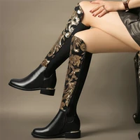 thigh high pumps shoes women cow leather wedges high heel knee high boots female stretchy winter warm round toe oxfords shoes