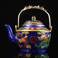 6chinese folk collection old bronze cloisonne enamel dragon and phoenix teapot kettle flagon office ornaments town house