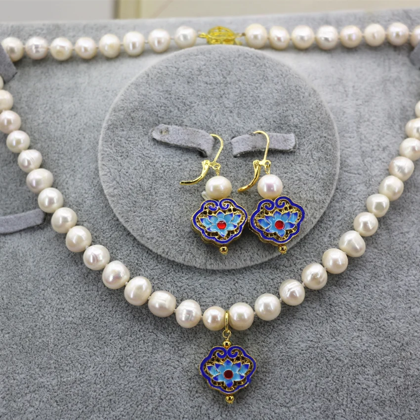 Природный 9-10 мм белый пресноводный жемчуг бусы колье серьги золото-цвет