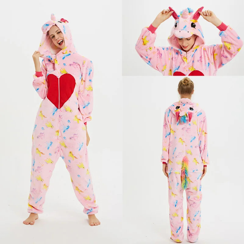 Red heart unicorn Фланелевые пижамы унисекс для взрослых с рисунками животных, Ститч, панда, единорог,, зимние теплые комплекты для сна для женщин и мужчин - Цвет: Red heart unicorn