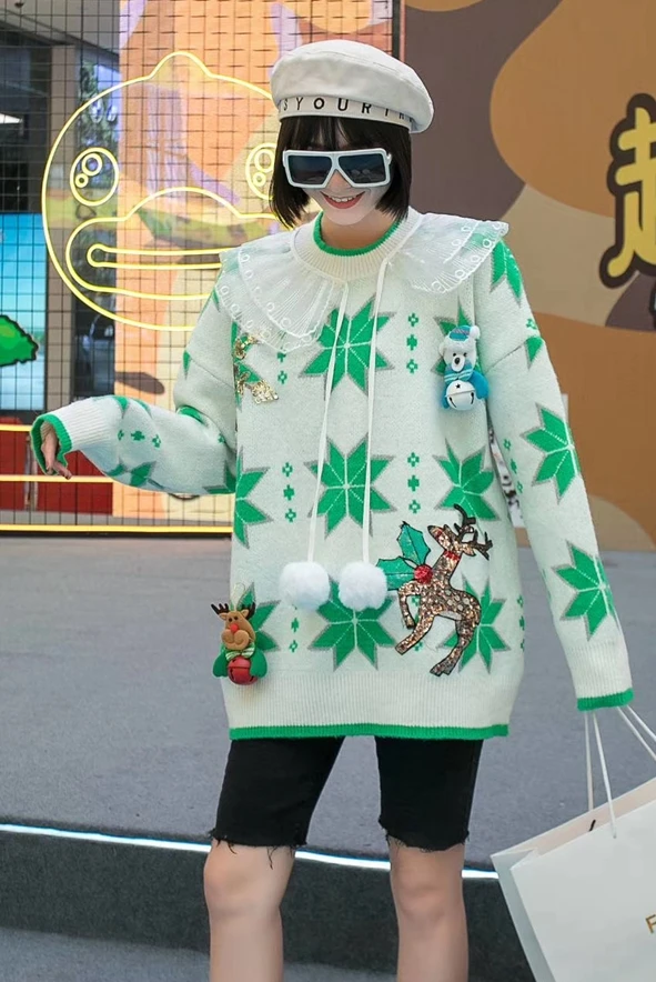 

Women's christmas sweater European station lace lapel sweater Women's loose heavy industry outer wear warm sweater