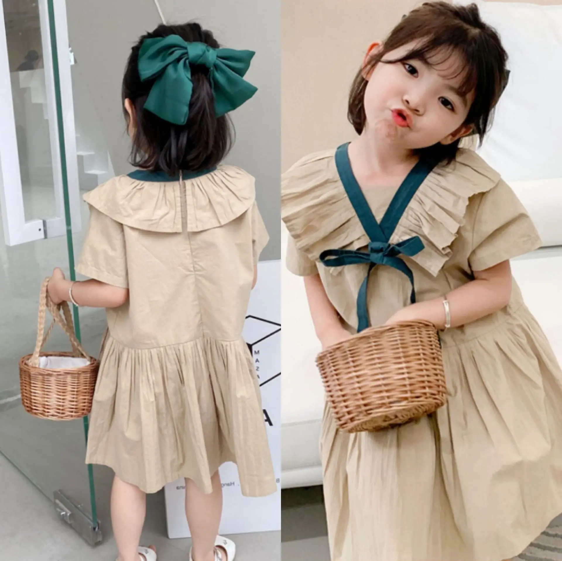 

2021 Girls Summer Lapel Short Sleeve Pure Color Bow Dress 2 Year Old Baby Girl Clothes