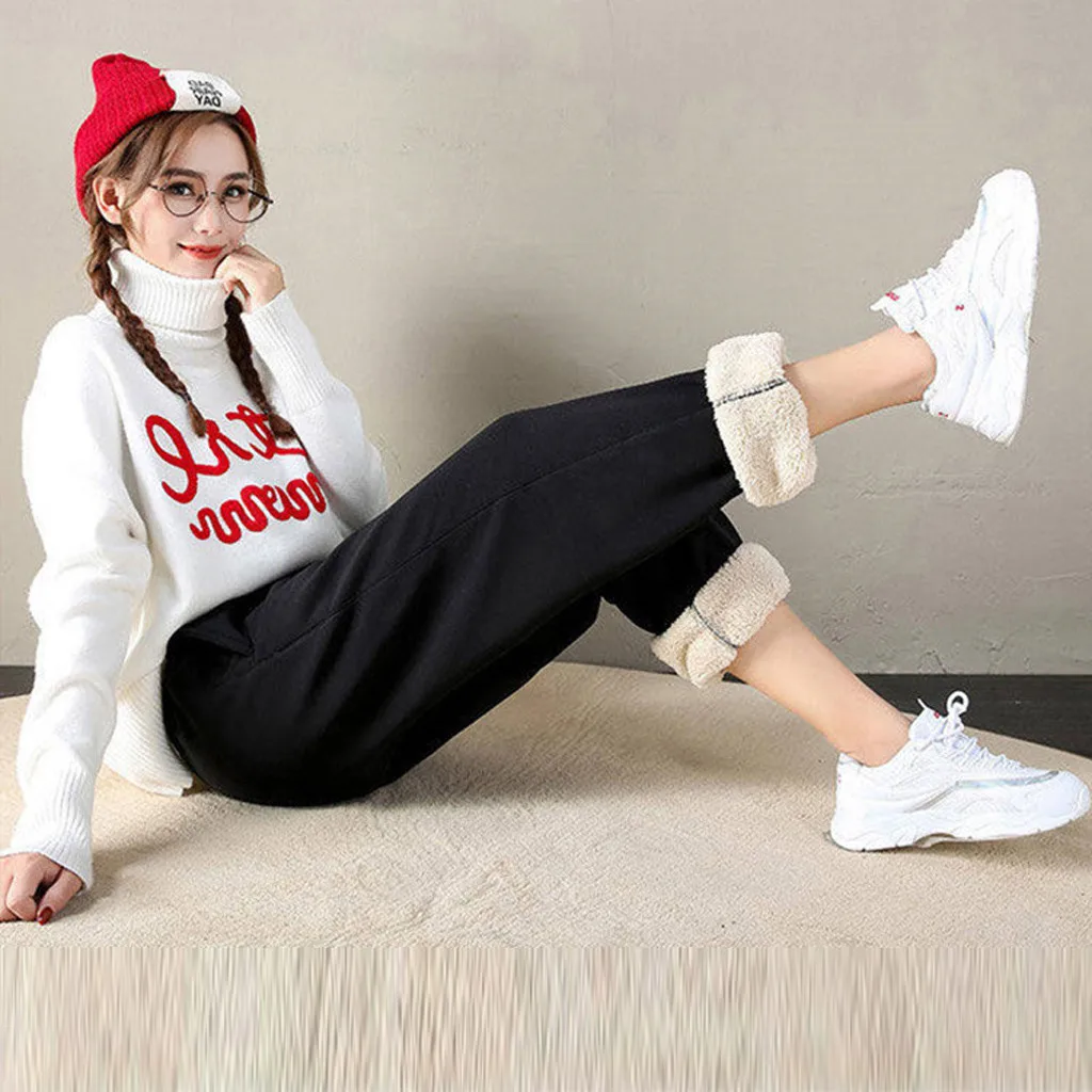 2019 Winter pants women loose lambskin sweatpants wool casual plus velvet thickening large size trousers solid | Женская одежда