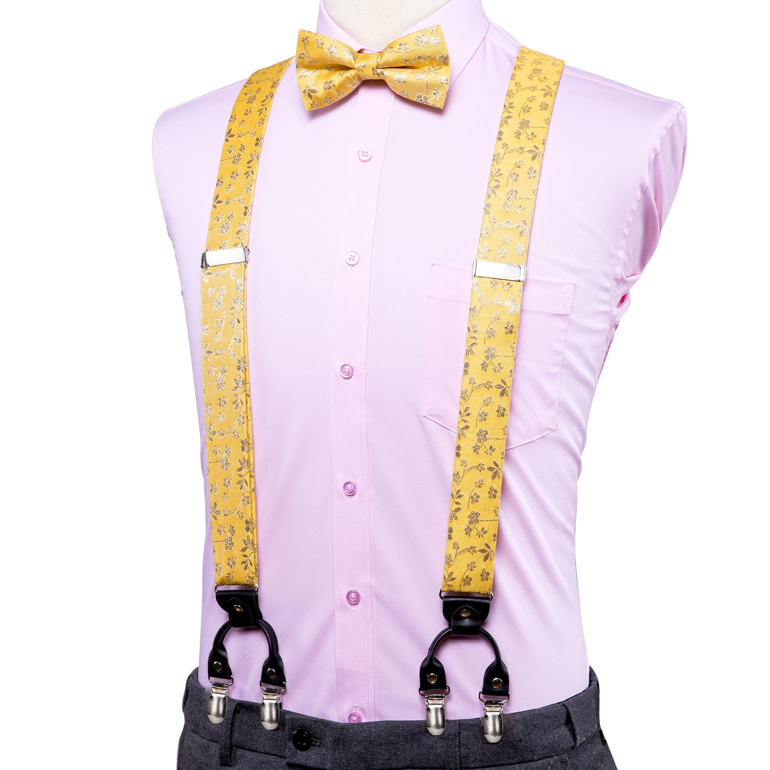 

Luxury Silk Adult Men's Suspenders Leather Metal 6 Clips Braces Men's Wedding Party Bow Tie and Vintage Elastic Suspenders Men