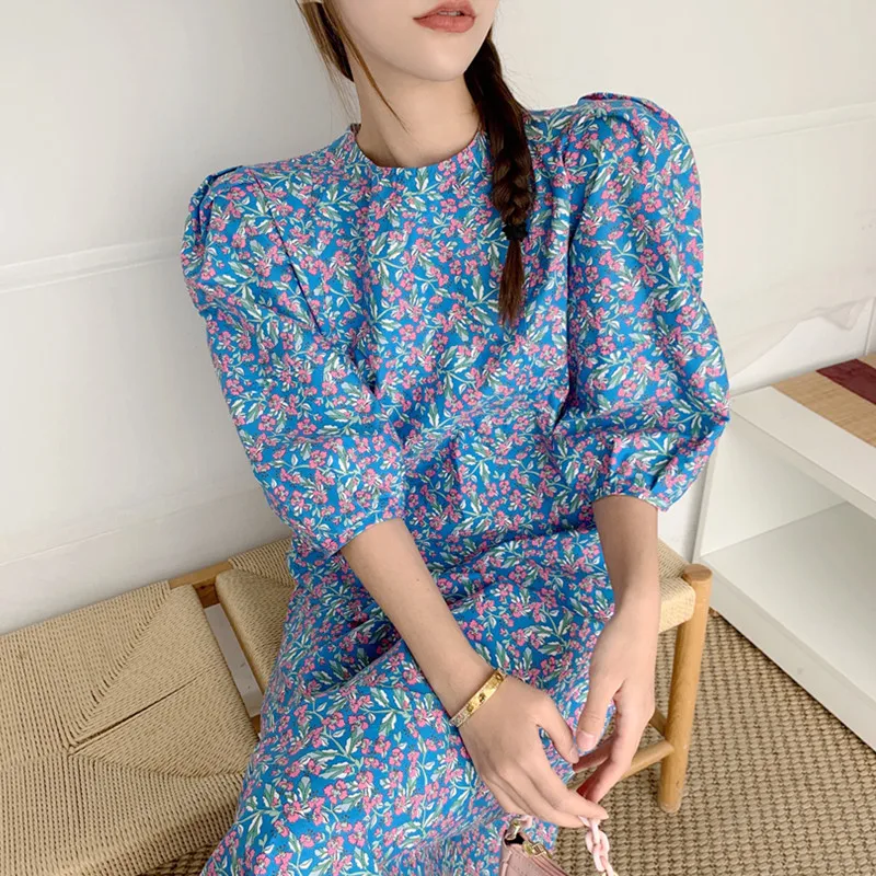 

2021 Korean Style Elegant Blue Floral Dress Female Puff Sleeve O-neck Cotton Clothes Women Casual Print Vintage Dresses Ladies