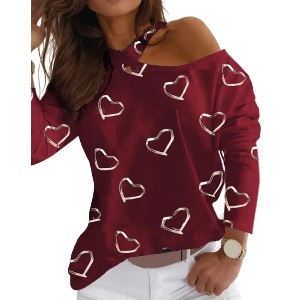 

Sexy Women Blouses Long Sleeve Hollow Out Blouse Love Heart Print One Shoulder Pullover Women's Clothing Summer
