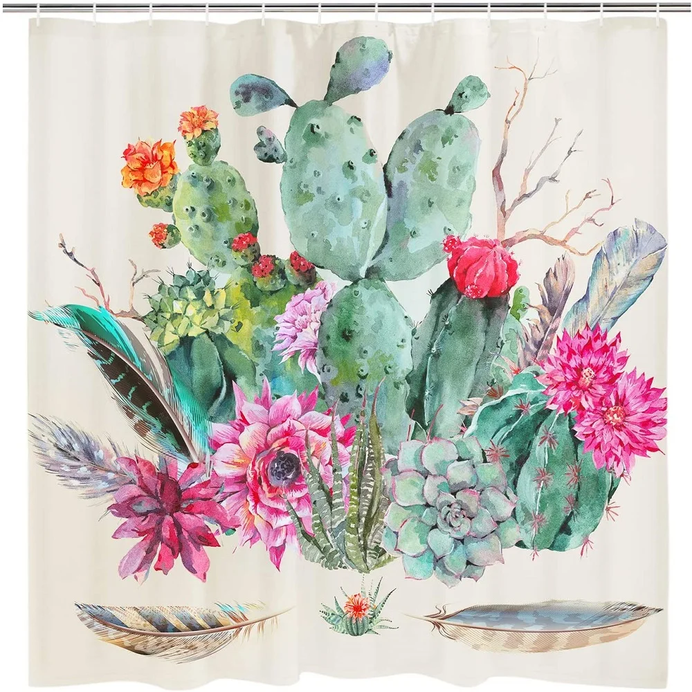 

Cactus Shower Curtain Waterproof Fabric Bath Curtains Cactus Flower with Feathers Pattern Bathtub Screen with Hook Bathroom Deco