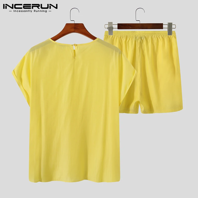 

2021 Men Pajamas Sets Solid Color Homewear O Neck Short Sleeve Sleepwear Drawstring Shorts Cozy Men Nightwear Suits 5XL INCERUN