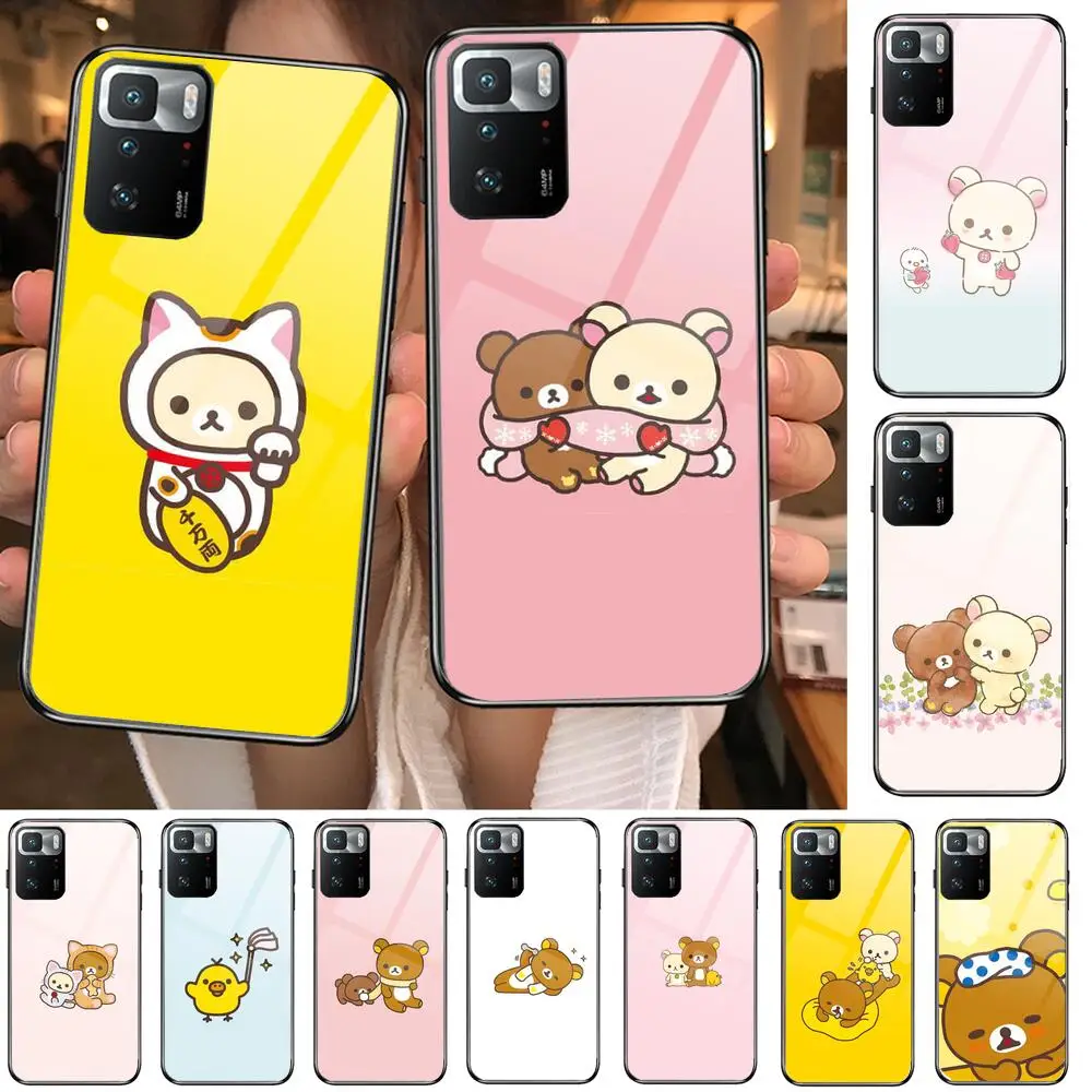 

TOPLBPCS Cute rilakkuma Tempered Glass shell Phone Case For XiaoMi Redmi Note 10 9S 8 7 6 5 A 10t Pro 9T Cover Pre Cases