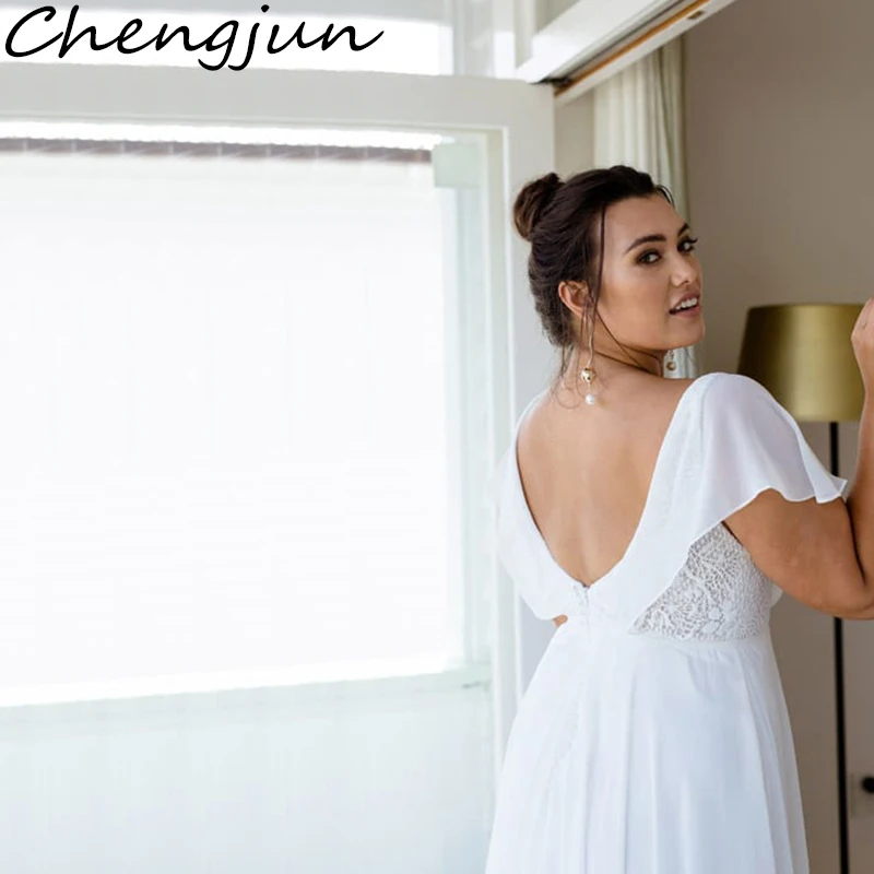 Chengjun изготовленный на заказ белый шифон Простой Пляж глубокий v-образный вырез большие размеры Свадебные платья