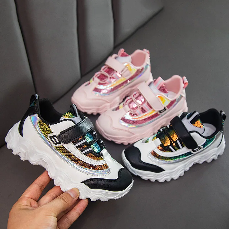 

New Style Shiny Kids Shoes Girls Comfortable Leather Children Sports Sneakers Boys Casual Baby Chunky Shoe Thick Bottom Non-Slip
