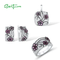 SANTUZZA 925 Sterling Silver Jewelry Set For Lady lab Created Ruby/Pink Sapphire Flower Pendant Earrings Ring Party Fine Jewelry