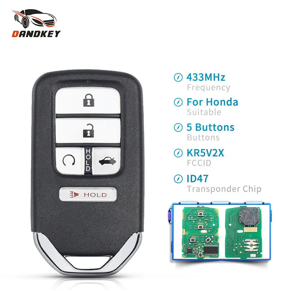

Dandkey 4+1 5 Buttons 433MHz Smart Remote Key Fob For Honda Civic 2016 2017 2018 Fob Replacement ID47 Chip Car Key FCC: KR5V2X