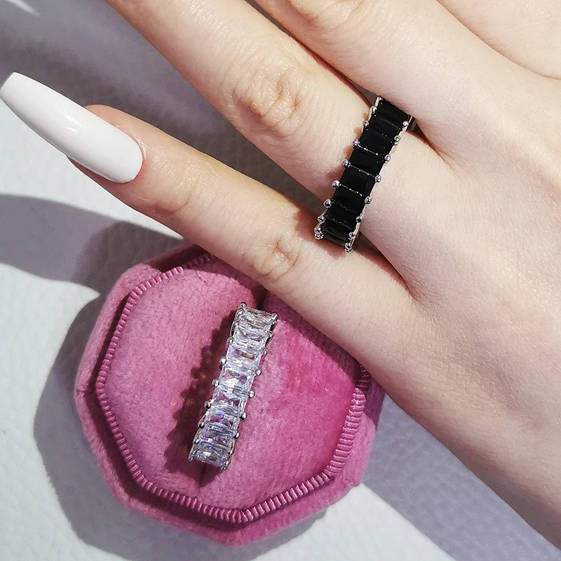 

2pcs Per Set Luxury Pack Pink Black 925 Sterling Silver Wedding Band Eternity Ring for Women Gift Finger Lots Jewelry R5950
