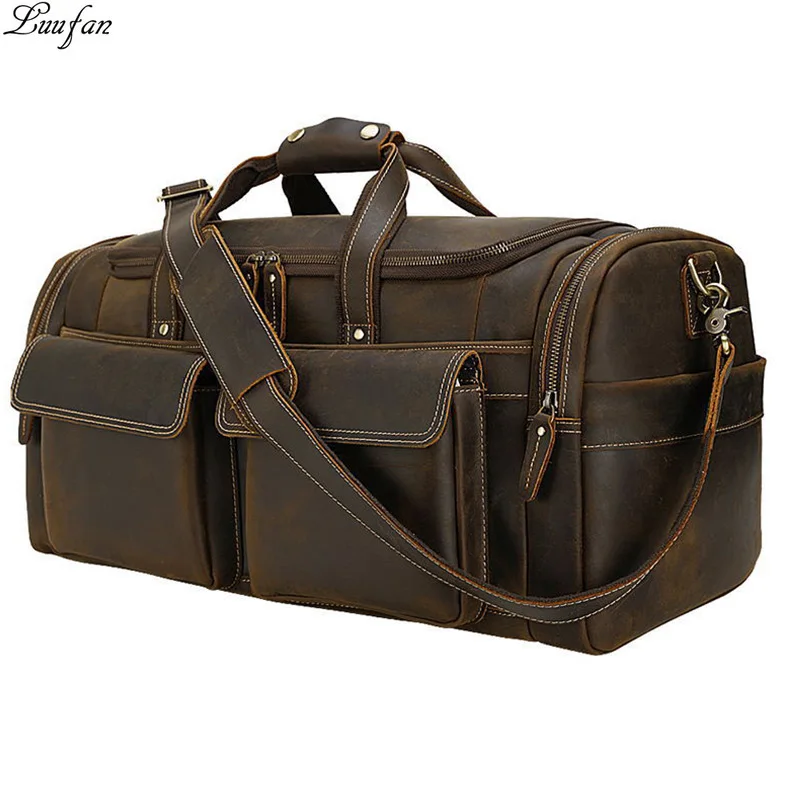 Vintage Genuine Leather Men Travel Bag 17" Laptop Handbag Soft Cowhide Duffel Bag For Male Extra Large Shoulder Bag Weekend bag