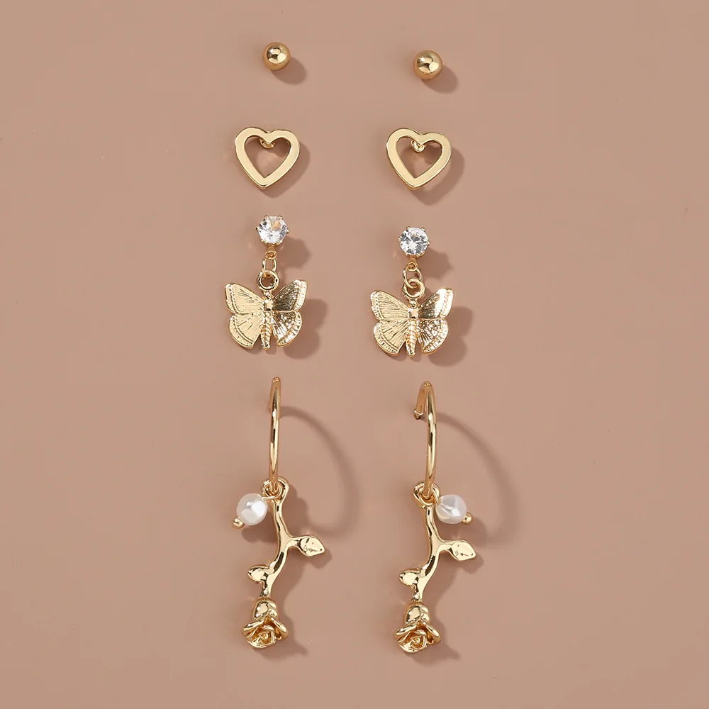 

IHUES 4-piece Set of Butterfly Flower Earrings New Hot Sale Combination Set Earrings Simple Heart-shaped Retro Fashion Jewelry