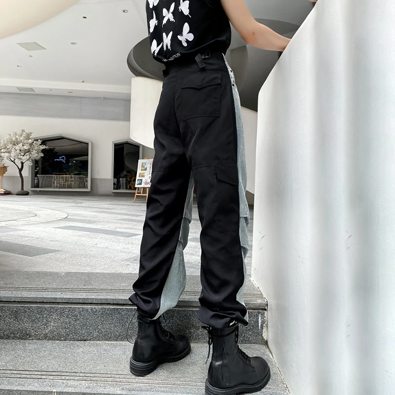 

SISPELL Patchwork Womens's Denim Wide-leg Pant Hit Color High Waist Loose For Female Casual Trousers 2020 Streetwear Fashion New